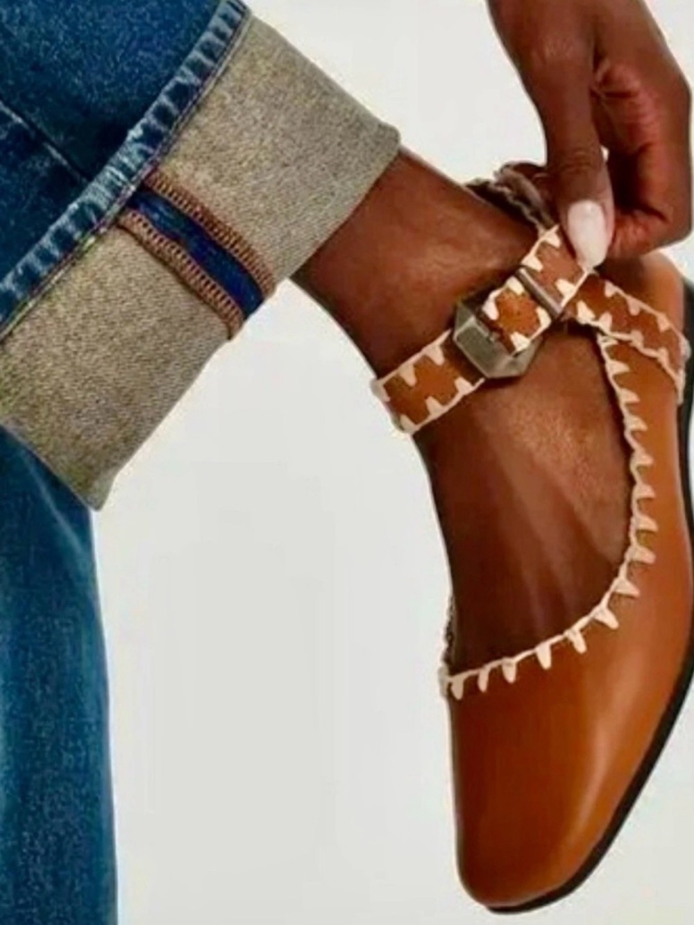Free People Crochet Mystic Mary Jane Leather Flats In Tan/Cream Size 7